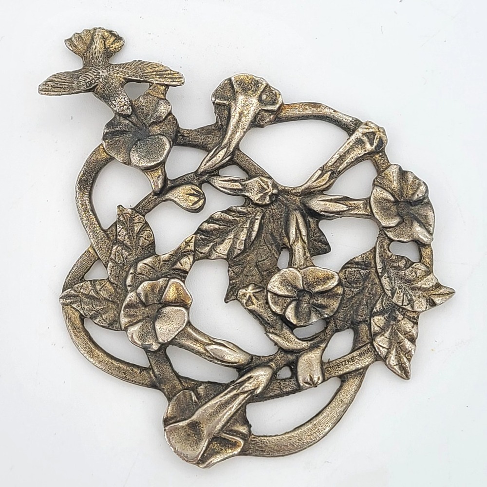 Vintage 1986 Signed Metzke Pewter Hummingbird and Flowers Potpourri Dish Cover